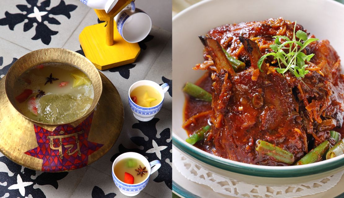 Fruity and spicy punch (left) and a plate of tandoori pork spare ribs (right) start nights right at The Bombay Canteen.