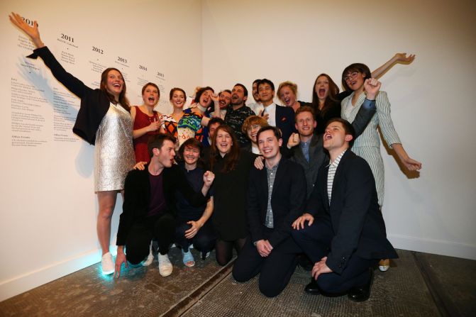 Multi-disciplinary London-based collective Assemble celebrate after winning the 2015 Turner Prize at a ceremony at the Tramway art space last night in Glasgow, Scotland.