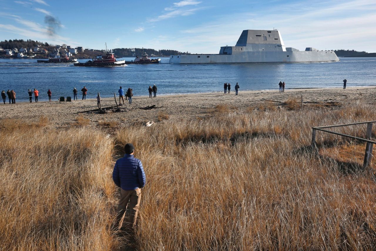 The USS Zumwalt leaves the Kennebec River in Phippsburg, Maine, on December 7. The ship and its class are named in honor of Adm. Elmo R. "Bud" Zumwalt Jr., who served as chief of naval operations from 1970 to 1974.