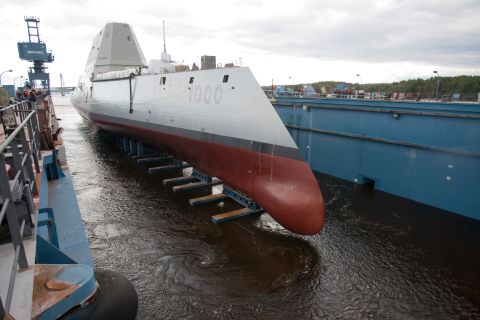 The ship is floated out of dry dock at the Bath Iron Works shipyard on October 28, 2013.