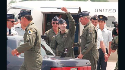O'Grady acknowledges onlookers as he arrives in Italy after his June 1995 rescue.