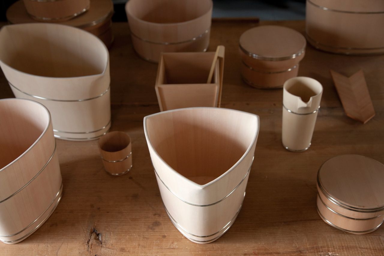 Nakagawa employs 700-year-old carpentry techniques in the making of wooden buckets and other specialist items