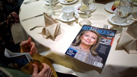 A copy of Irish America magazine shows Hillary Clinton before she was inducted into the Irish America Hall of Fame on Monday, March 16. The magazine founded the Hall of Fame in 2010, recognizing exceptional figures in the Irish-American community.