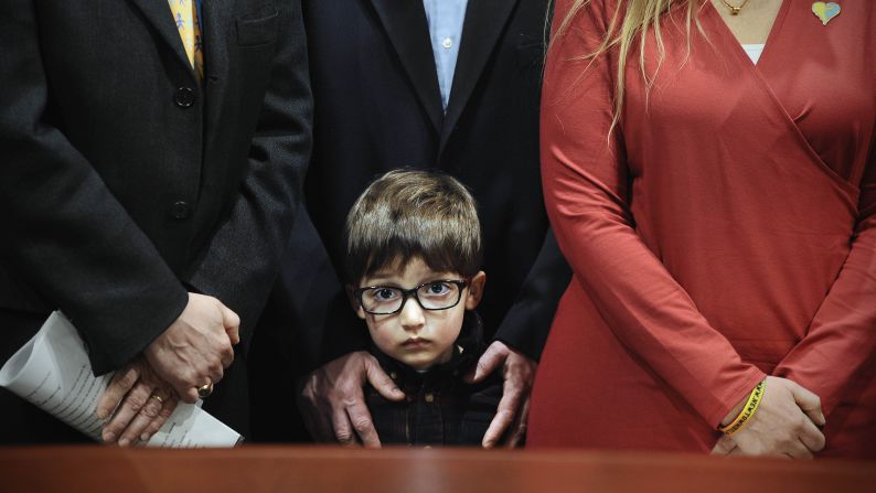 Hayden Lewis, cousin of Sandy Hook shooting victim Jesse Lewis, stands with his family during a news conference in Hartford, Connecticut, on Monday, April 13. Connecticut's congressional delegation backed federal legislation that would provide expanded support to train teachers in social and emotional learning. "If the shooter, in our case, had access to this type of learning before the tragedy at Sandy Hook, it might not have happened," said Jesse's mother, Scarlett. Twenty-six people -- 20 students and six adults -- <a href="http://www.cnn.com/interactive/2012/12/us/sandy-hook-timeline/" target="_blank">were shot and killed</a> by 20-year-old Adam Lanza in December 2012.