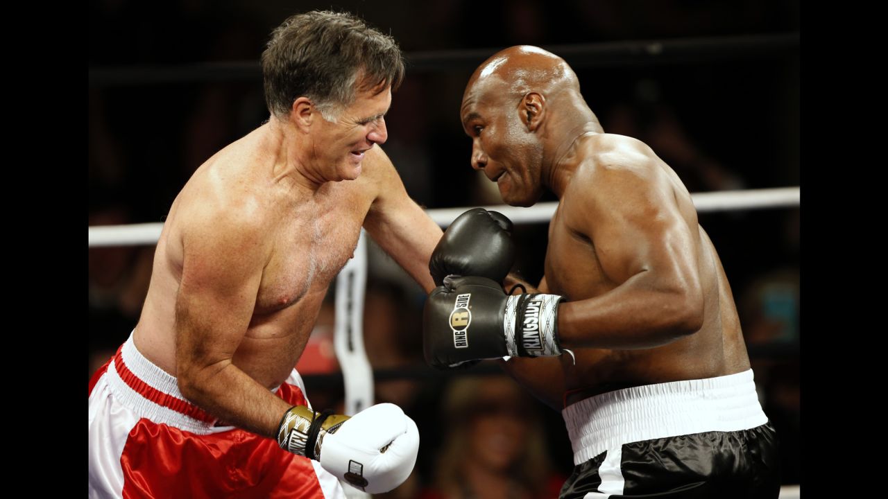 Former presidential candidate Mitt Romney, left, <a href="http://www.cnn.com/2015/05/16/politics/mitt-romney-boxing-evander-holyfield-rumble/" target="_blank">boxes former heavyweight champion Evander Holyfield</a> during a charity event Friday, May 15, in Salt Lake City. The bout raised money for CharityVision, an organization that provides surgeries to heal blindness.