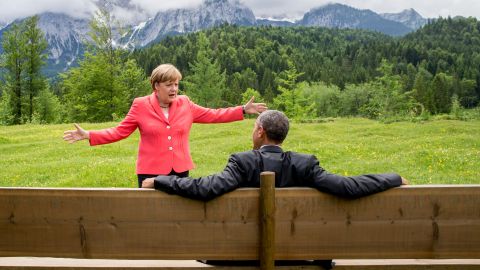 German Chancellor Angela Merkel talks with U.S. President Barack Obama <a href="http://www.cnn.com/2015/06/08/politics/barack-obama-angela-merkel-photo-germany-mountains/" target="_blank">near the Bavarian Alps</a> on Monday, June 8. Obama and other world leaders were in Germany for the annual G-7 Summit.