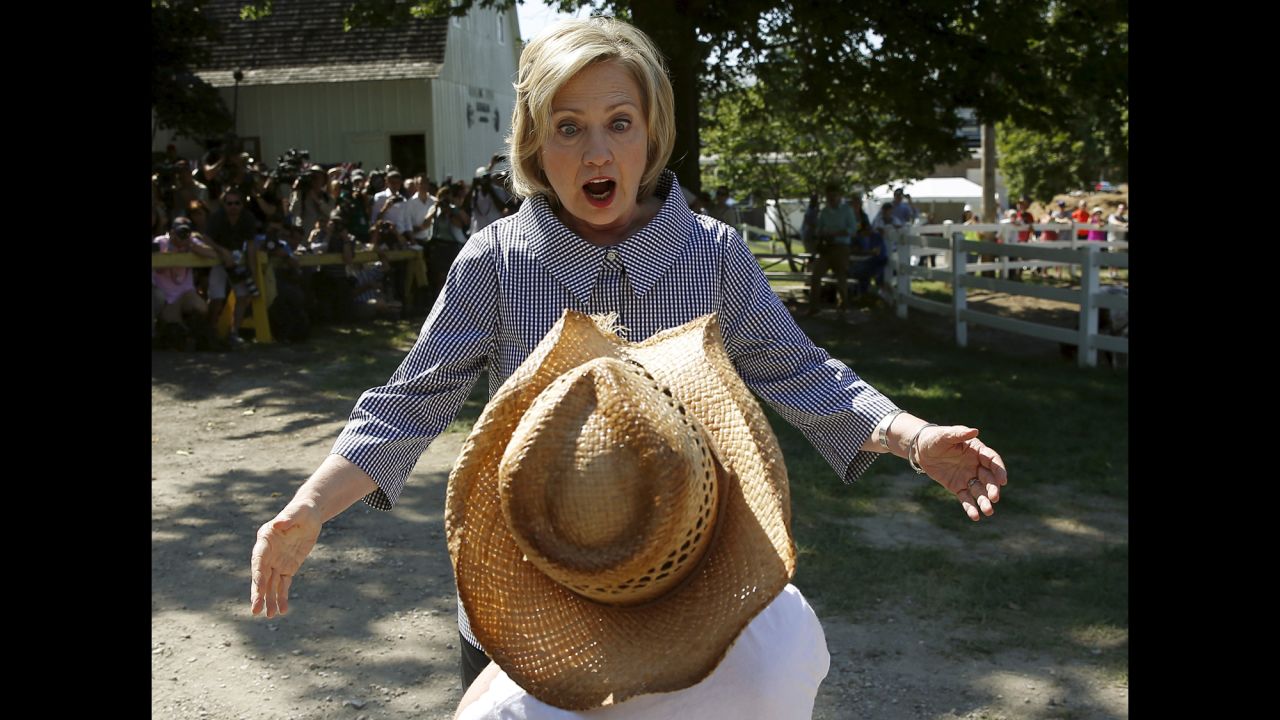 Democratic presidential candidate Hillary Clinton greets someone at the Iowa State Fair on Saturday, August 15. Clinton has been the Democratic front-runner since announcing her candidacy.