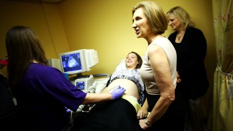 Republican presidential candidate Carly Fiorina, second from right, visits a pregnancy center during a campaign stop in Spartanburg, South Carolina, on Thursday, September 24.