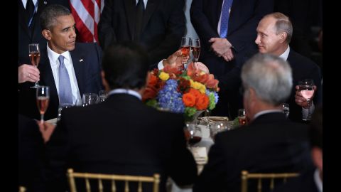 President Obama shares a toast with Russian President Vladimir Putin at a luncheon in New York hosted by U.N. Secretary-General Ban Ki-moon on Monday, September 28. "Amid the inevitable trials and setbacks, may we never relax in our pursuit of progress and may we never abandon the pursuit of peace," Obama said before clinking glasses. "Cheers." The two, bitterly at odds over Ukraine and Syria, <a href="http://www.cnn.com/2015/09/28/politics/obama-putin-meeting-syria-ukraine/" target="_blank">had a closed-door meeting</a> later in the day.