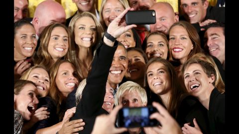 President Obama poses for a selfie with the U.S. women's soccer team during its trip to the White House on Tuesday, October 27. The team won the Women's World Cup this summer.