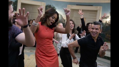 First lady Michelle Obama dances to Gloria Estefan's "Conga" during an event at the White House on Monday, November 16. The "Broadway at the White House" event was for high school students involved in performing-arts programs.