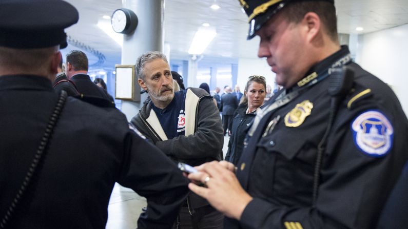 U.S. Capitol police ask comedian Jon Stewart to leave the Senate subway area on Thursday, December 3, as he lobbies lawmakers to approve the extension of the James Zadroga 9/11 Health and Compensation Act. Stewart has been urging U.S. lawmakers to renew the 2010 legislation, which provides health care benefits to first responders afflicted with illness as a result of the September 11 terrorist attacks. It is named for Zadroga, a New York City police officer who died of a respiratory disease in 2006 that was linked to his work at Ground Zero. 