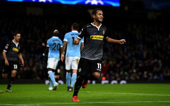 Raffael of Borussia Moenchengladbach celebrates scoring his side's second goal during the UEFA Champions League Group D match between Manchester City and Borussia Monchengladbach at the Etihad Stadium.