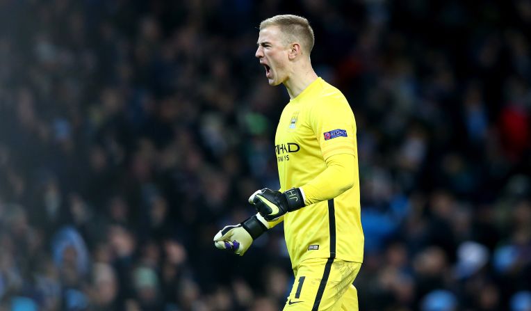 Joe Hart of Manchester City celebrates after Raheem Sterling of Manchester City (not pictured) scores his side's third goal.