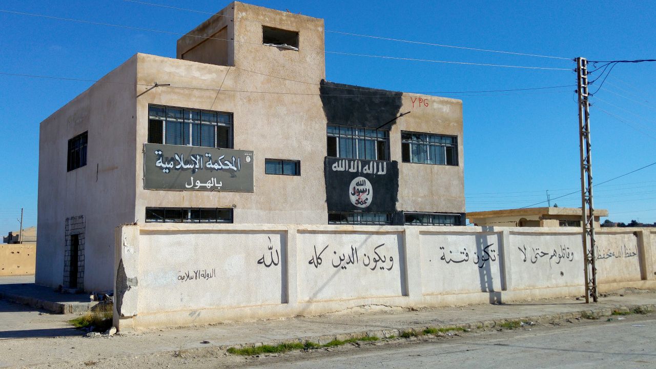 ISIS' courthouse in Al-Houl, previously a school. The building also housed offices for an ISIS charity, with empty boxes marked "shoes" sent from an Islamic charity in Durban, South Africa.