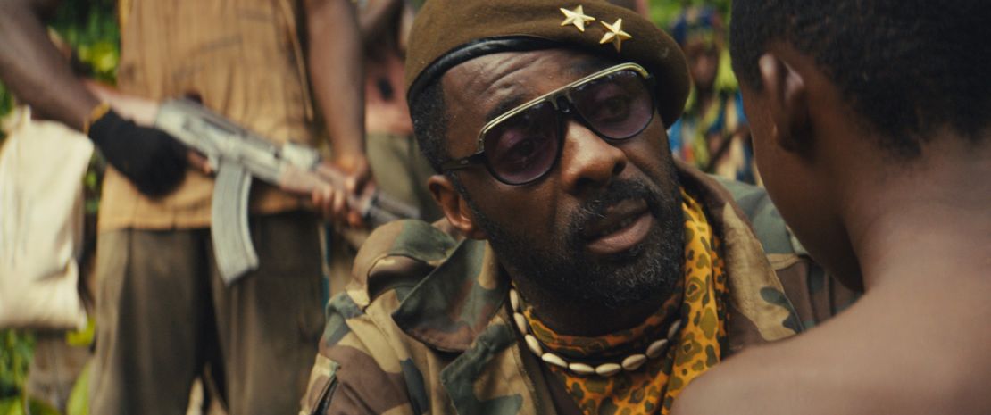 Idris Elba in child soldier drama "Beasts of No Nation" (2015). The US production was set in an unnamed African country, but passages are spoken in Ghanaian language Twi.