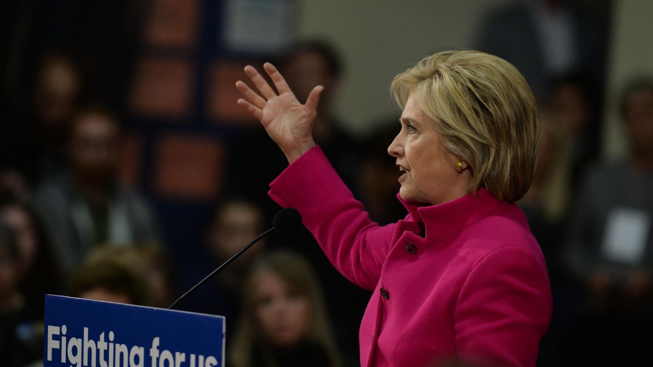Democratic president candidate Hillary Clinton speaks at a town hall event at Woodbury School December 8, 2015 in Salem, New Hampshire.