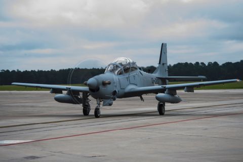 An A-29 Super Tucano taxis on the flightline during its first arrival, Sept. 26, 2014, at Moody Air Force Base, Georgia. Afghan Air Force pilots trained on the planes that will be used in air-to-ground attack missions in Afghanistan.