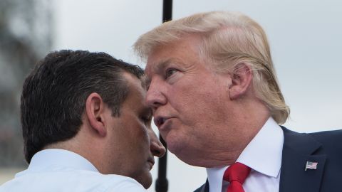 Trump is greeted on stage by U.S. Sen. Ted Cruz, a fellow Republican presidential candidate, before speaking at a Washington rally organized by the Tea Party Patriots on September 9.