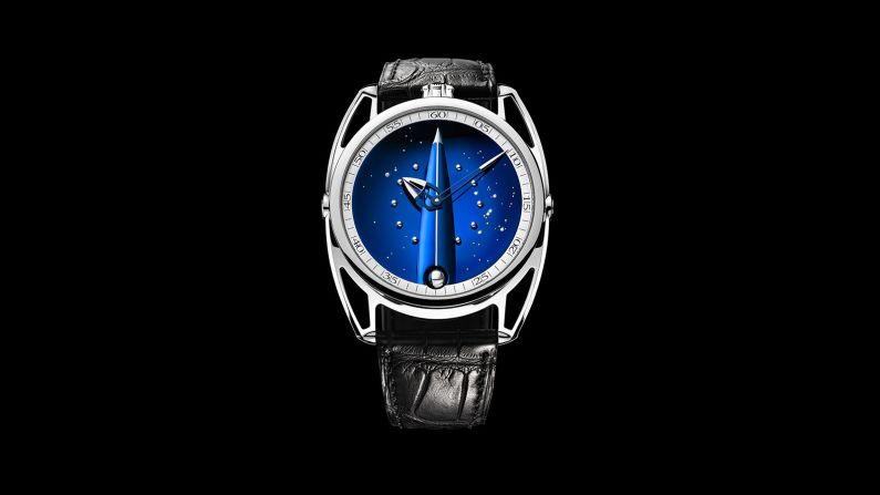 The DB28 Skybridge features a blue titanium base as the dial, and is finished with polished titanium balls and diamonds. The dial imitates the night sky. 