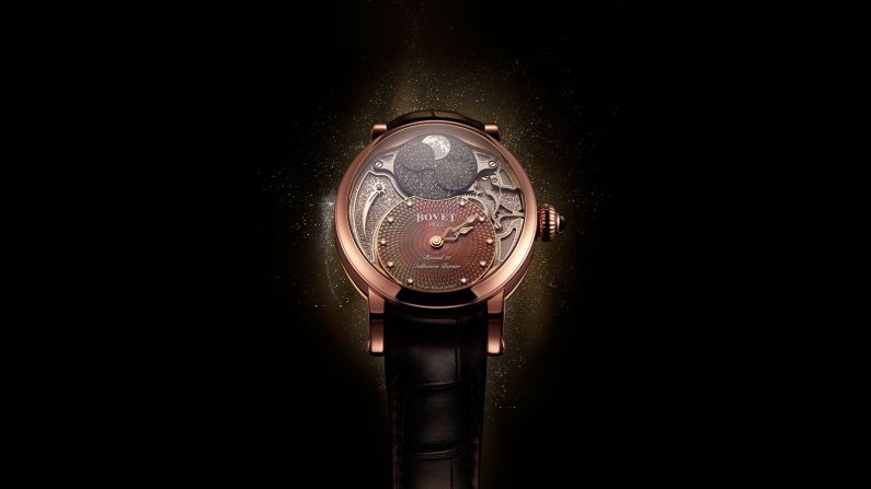 The Récital 11 "Miss Alexandra" by Bovet is a women's watch named after the daughter of Pascal Ravy, the owner of the company. It features a moonphase with two black moons on a moving disc.