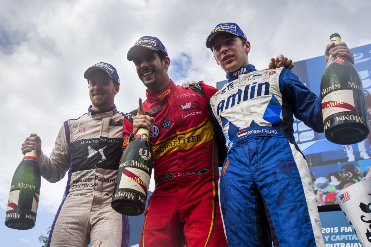Sharing the podium at round two in Putrajaya were race winner Lucas di Grassi (center), runner-up Sam Bird (left) and third-placed Robin Frijns (right). Holding practice, qualifying and the ePrix in a single day means the podiums can be tricky to predict.