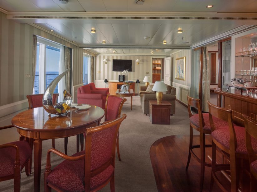 The two-bedroom Owner's Suite costs $201,250 per person. The price includes Relais & Chateaux restaurants, butler service, unlimited shore excursions, all liquor and beverages, pre-paid gratuities, Wi-Fi and first-class air travel.