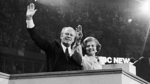 President Gerald Ford and his wife, First Lady Betty Ford, wave to delegates at the Republican National Convention after he was nominated to run for a second term on August 19, 1976 in Kansas City, Missouri.