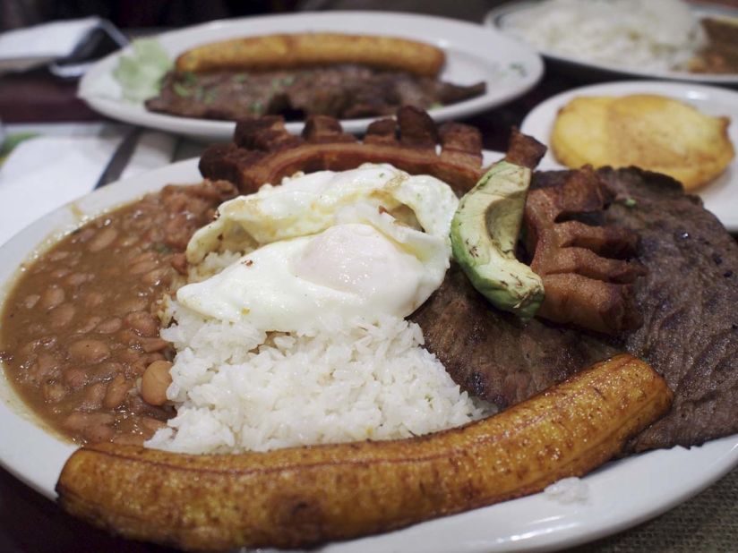 Bandeja paisa is a traditional Colombian dish that consists of beans, beef, chorizo, fried egg, fried plantain, pork rind, rice and avocado. Hatoviejo's rendition has won a devoted following. 