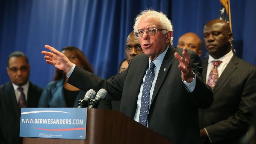 BALTIMORE, MD - DECEMBER 08:  Democratic presidential candidate Sen. Bernie Sanders, (I-VT) speaks while flanked by African-American religious and civic leaders after a meeting at the Freddie Gray Youth Empowerment Center, December 8, 2015 in Baltimore, Maryland. Earlier in the day Sanders toured the Sandtown-Winchester neighborhood where Freddie Gray lived and was arrested.  (Photo by Mark Wilson/Getty Images)