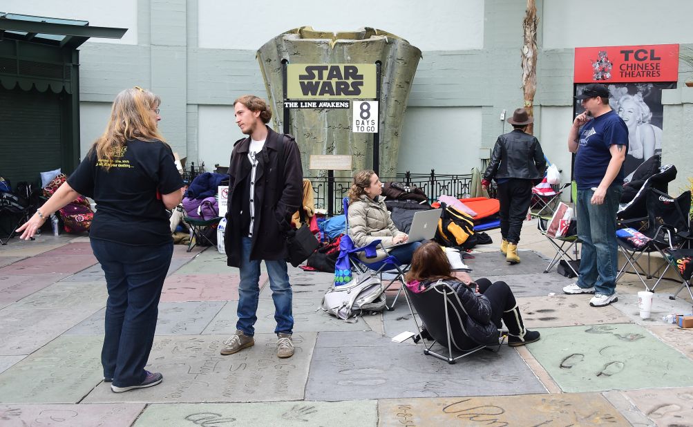 Star Wars fans congregate in front of the TCL Chinese Theatre in Hollywood, in anticipation for the new film, 'The Force Awakens', which opens on December 17.