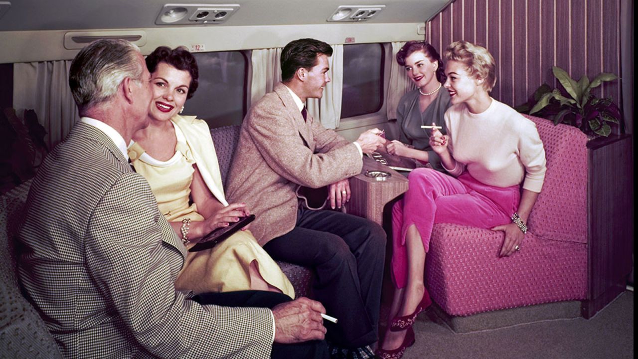 <strong>Pre-jet age: </strong>This shot shows life on board a Douglas DC-7, a plane popular before passenger jets took over. The only thing smooth aboard this 1950s piston-powered aircraft was the guy with a tweed jacket and light for the ladies.