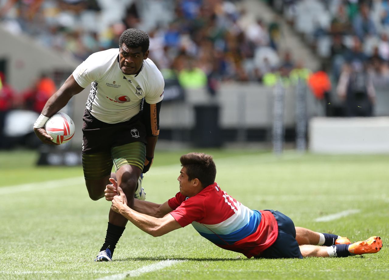 Viliame Mata of Fiji bursts clear during a first day match against Russia. 