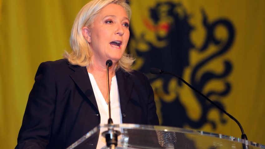 National Front President Marine Le Pen during her speech after the announcement of the results of the first round of the regional election on December 6, 2015 in Henin-Beaumont, France.
