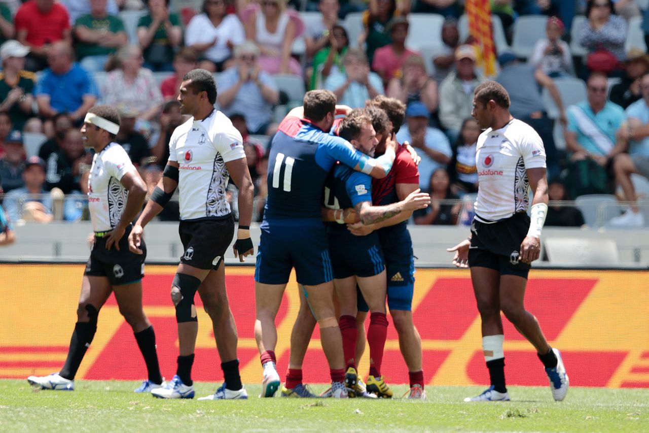 France players are jubilant after upsetting Fiji in the quarterfinals of the Cape Town Sevens. 