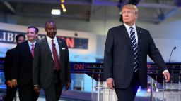 SIMI VALLEY, CA-SEPTEMBER. 16:  Republican presidential candidates (R-L) Donald Trump, Ben Carson and Ted Cruz walk onstage during the Republican presidential debates at the Reagan Library in Simi Valley on September 16, 2015.  Fifteen Republican presidential candidates are participating in the second of presidential debates(Photo by Sandy Huffaker/Getty Images)