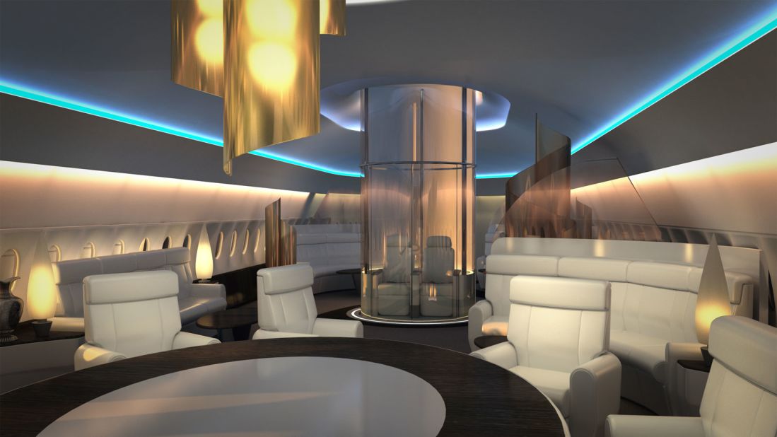One design gives passengers access to the SkyDeck via an elevator. Windspeed says it could be a premium offering on executive jets or a pay-per-view option on commercial aircraft.