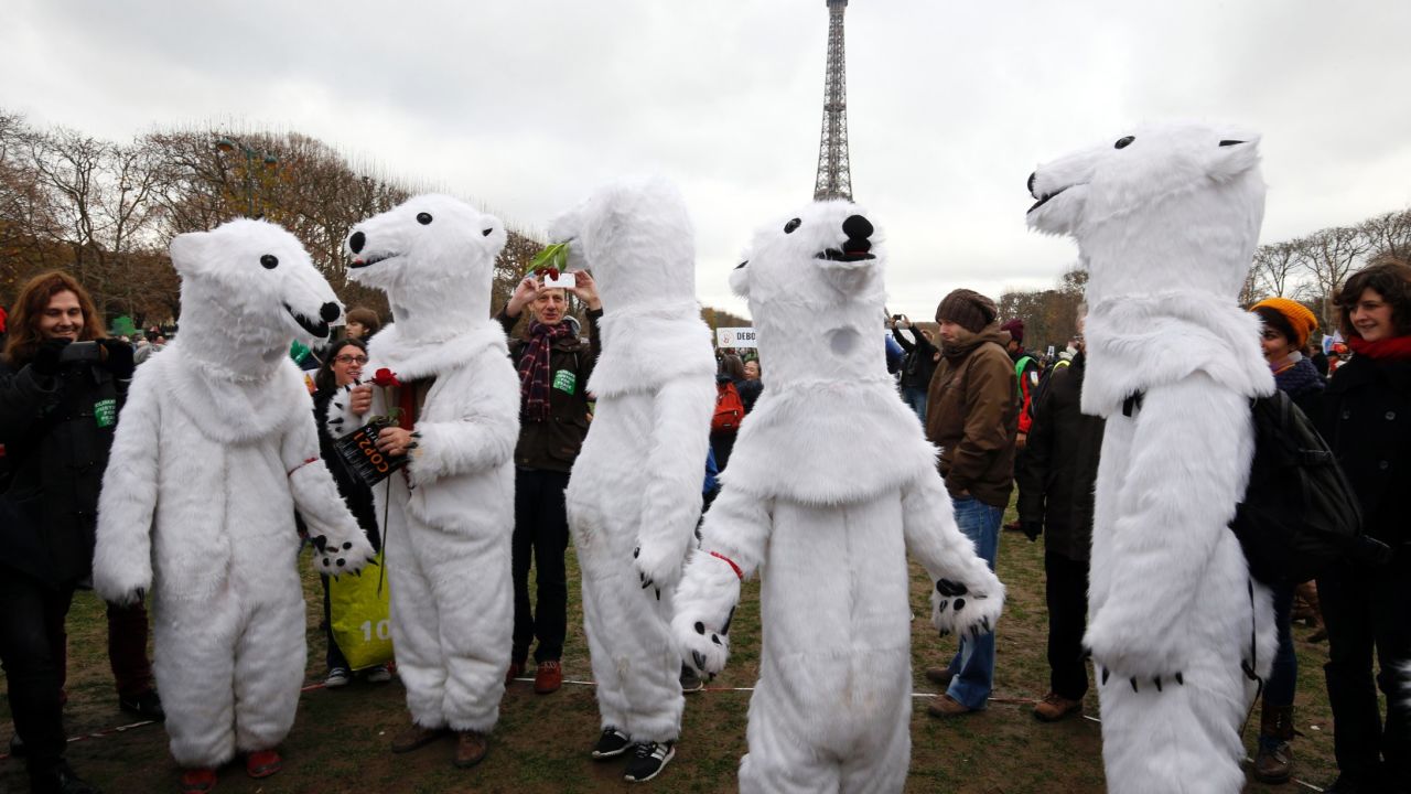 Demonstrators dress up as polar bears to take part in a climate rally Saturday in Paris.