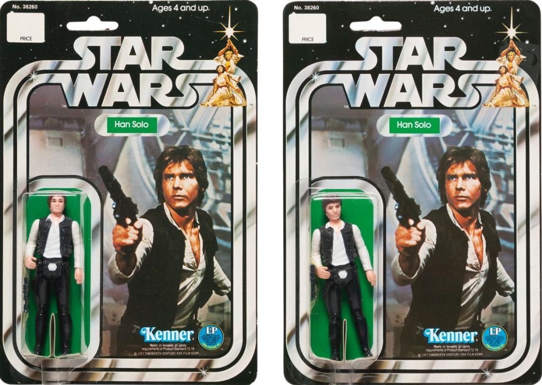 Measuring 6 by 9 inches each, these Han Solo action figurines from 1978 went for close the expected sale price of $5,000.