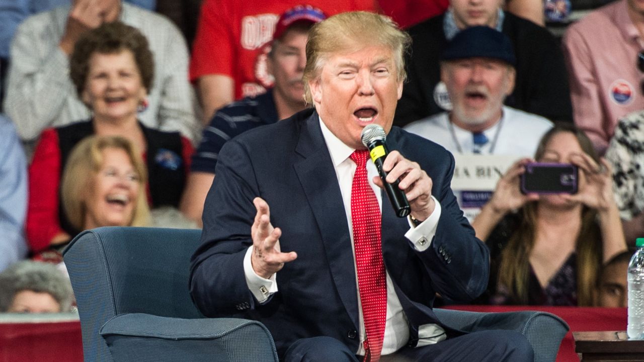 AIKEN, SC - DECEMBER 12: Republican presidential candidate Donald Trump speaks to the crowd at a town hall meeting December 12, 2015 in Aiken, South Carolina. The South Carolina Republican primary is scheduled for February 20, 2016.