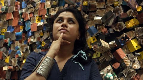Indian artist Hema Upadhyay poses in front of her "Think Left, Think Right, Think Low, Think Tight" installation at the Paris's Pompidou Centre on May 23, 2011 during an exhibition entitled "Paris, Delhi, Bombay..." and devoted to the Indian art today. The event runs from May 25 to September 19, 2011. AFP PHOTO / PEIRRE VERDY (Photo credit should read PIERRE VERDY/AFP/Getty Images)