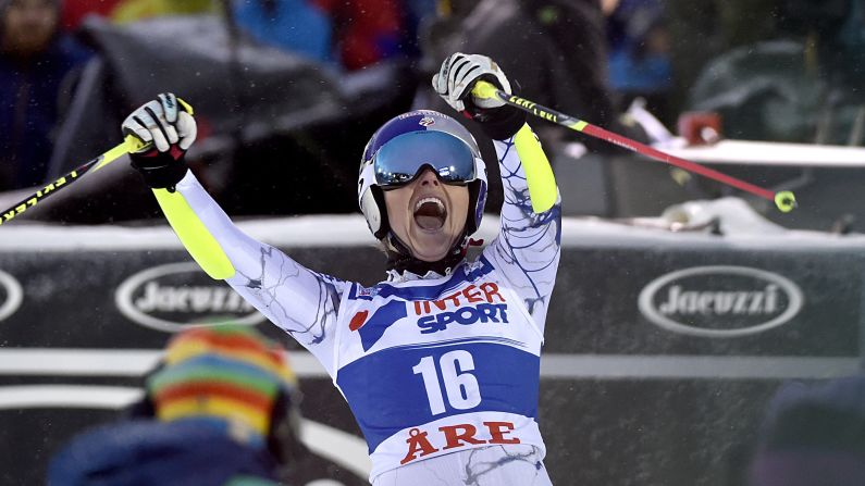 American skier Lindsey Vonn celebrates Saturday, December 12, <a href="index.php?page=&url=http%3A%2F%2Fwww.cnn.com%2F2015%2F12%2F12%2Fsport%2Fskiing-vonn-shiffrin-hirscher%2F" target="_blank">after winning the giant slalom</a> during the World Cup event in Are, Sweden. It was the fourth straight World Cup victory for Vonn, who won three races the week before.