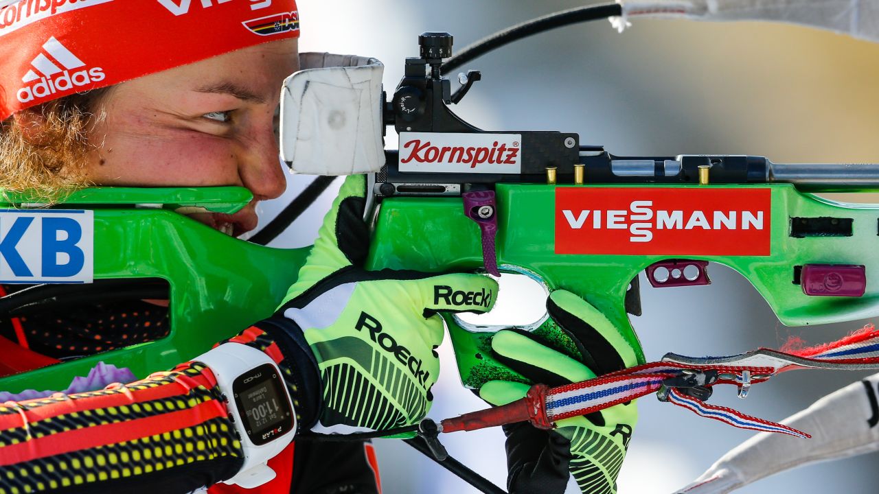 German biathlete Laura Dahlmeier focuses on a target during a World Cup event in Hochfilzen, Austria, on Saturday, December 12. She finished first in the 10-kilometer pursuit.