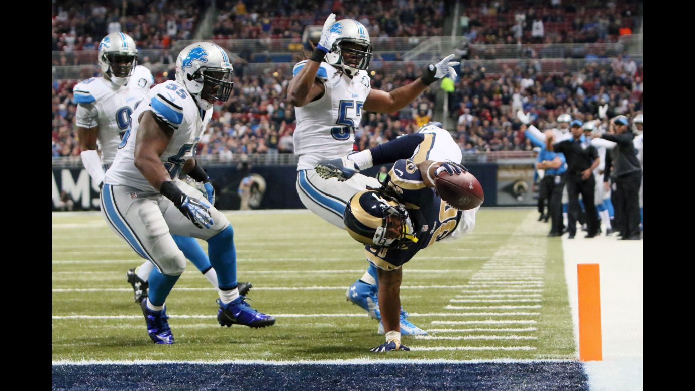 St. Louis running back Todd Gurley scores on a 5-yard run while playing Detroit on Sunday, December 13. St. Louis won the game 21-14.