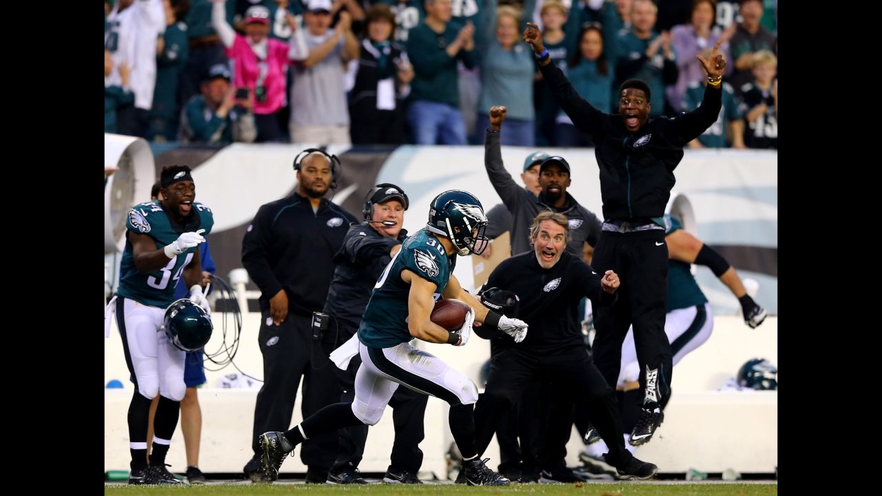 Philadelphia's sideline rejoices after Ed Reynolds intercepted a pass to secure the Eagles' 23-20 victory over Buffalo on Sunday, December 13.