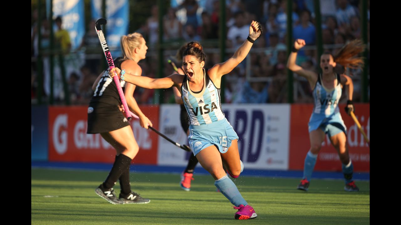 Maria Granatto celebrates Sunday, December 13, after she scored the first goal for Argentina in its 5-1 victory over New Zealand in the Hockey World League final. It was the first World League title for Argentina, who hosted this year's tournament.