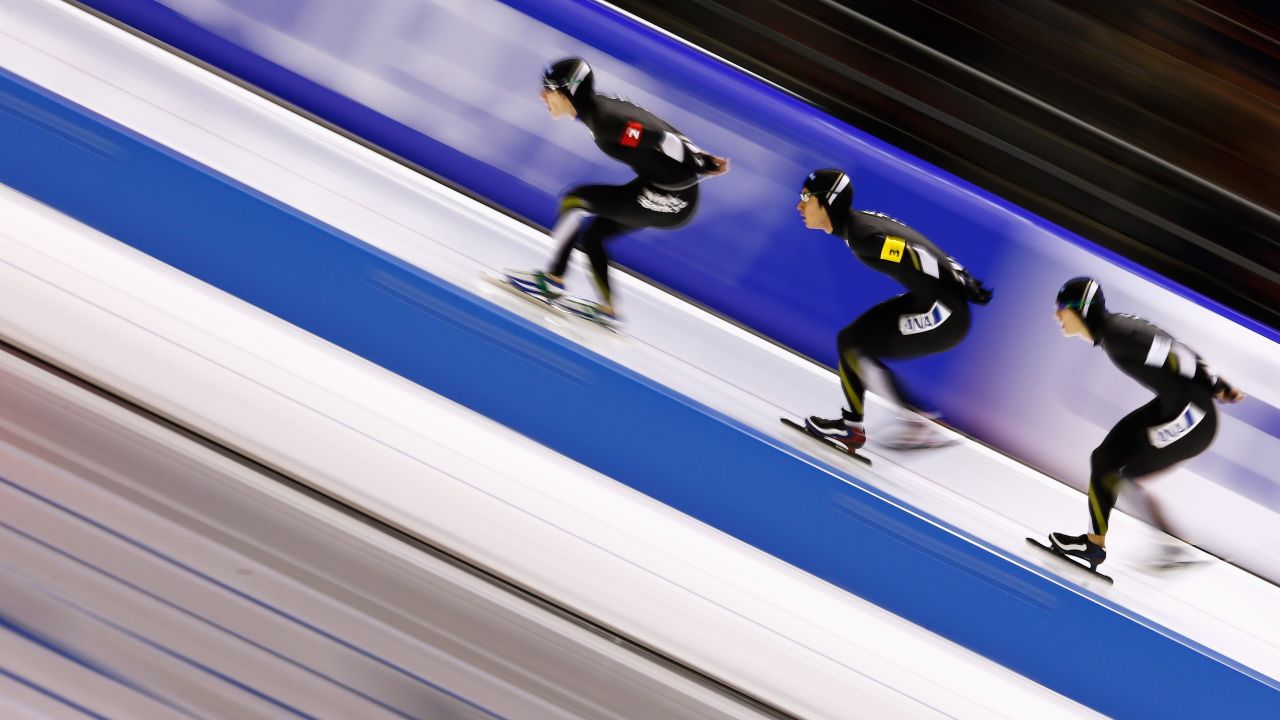 From left, Japanese speedskaters Shota Nakamura, Shane Williamson and Ryosuke Tsuchiya compete in a team pursuit race at a World Cup event in Heerenveen, Netherlands, on Friday, December 11.