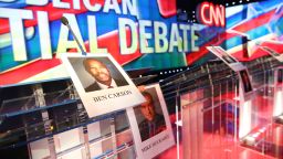 CNN prepares the stage for the Republican Debate at the Venetian Hotel in Las Vegas. Ben Carson and Mike Huckabee podium.