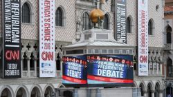 Signs outside the Venetian hotel on the Las Vegas Strip announce the upcoming Republican presidential debate, hosted by CNN, December 14, 2015,  in  Las Vegas, Nevada.  On the main stage for the December 15 GOP debate, the fifth of the primary season, will be businessman Donald Trump, Texas Sen. Ted Cruz, retired neurosurgeon Ben Carson, Florida Sen. Marco Rubio, former Florida Gov. Jeb Bush, businesswoman Carly Fiorina, Ohio Gov. John Kasich, New Jersey Gov. Chris Christie, and Kentucky Sen. Rand Paul.  AFP PHOTO / ROBYN BECK / AFP / ROBYN BECK        (Photo credit should read ROBYN BECK/AFP/Getty Images)