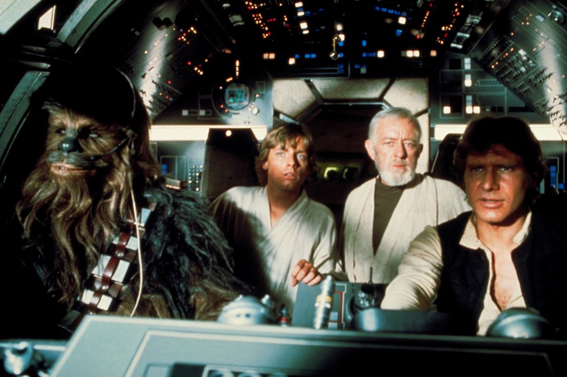 The interior of the Millennium Falcon in a shot from Episode IV. Notice Christian's dice, hanging from the ceiling of the cockpit.